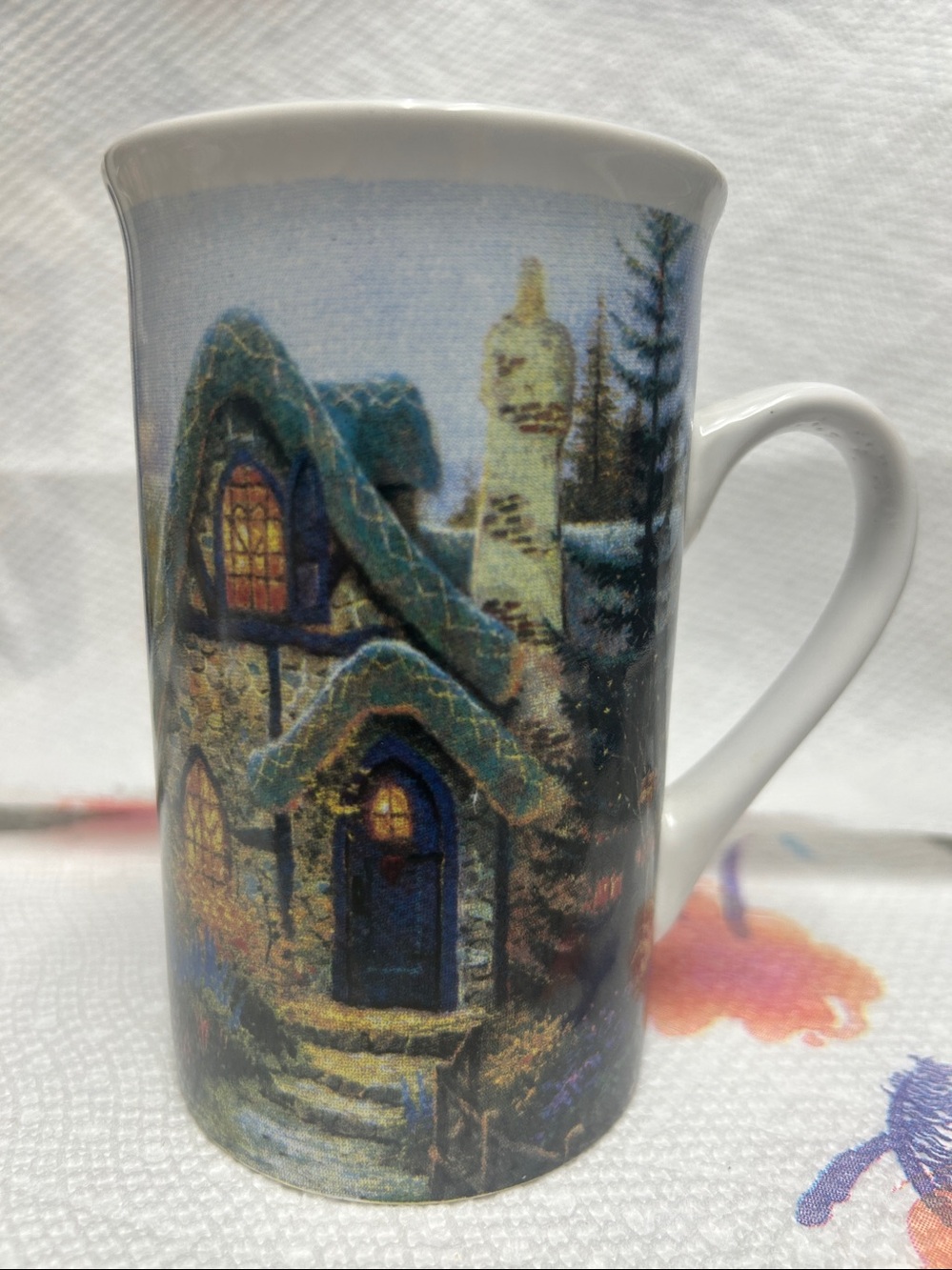Thomas Kinkade Winter Cottage Mug - Blue, White, Gold